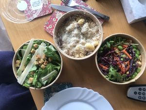 Caesar salad, mac and cheese, and satay chick’n. Vegan and delicious. at Clean Kitchen Club in North West London