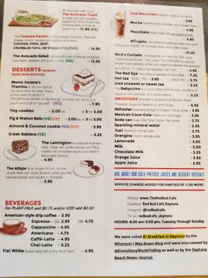 Dessert and drink menu at Red Bud Cafe in Daytona Beach