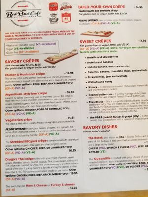Sweet and savory crepe dishes and savory mains menu at Red Bud Cafe in Daytona Beach
