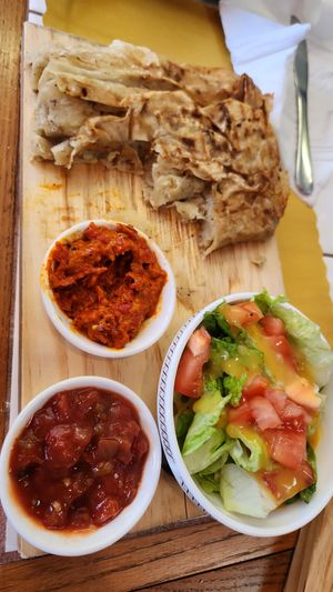 Vegan Potato Burek with salsa and an eggplant dip at Red Bud Cafe in Daytona Beach