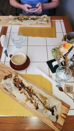 Top: Vegan Argentinian-Style Crepe with plant-based chicken at Red Bud Cafe in Daytona Beach