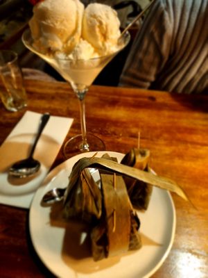 Banana leaf wrapped Vegan coconut custard. at Odessa in Cresswick