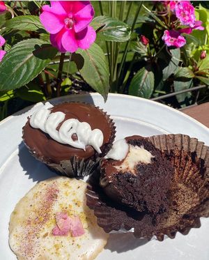 The Mostess Cupcake - best chocolate cupcake ever. Pictured with the Pistachio Rose shortbread cookie. at New Moon Vegan in Batavia