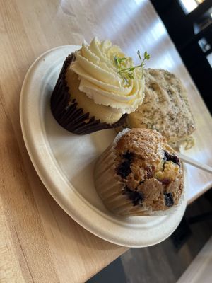 Blueberry muffin, focaccia, lemon cupcake   at New Moon Vegan in Batavia