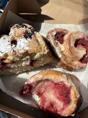 Raspberry sweet rolls and blackberry cake  at New Moon Vegan in Batavia