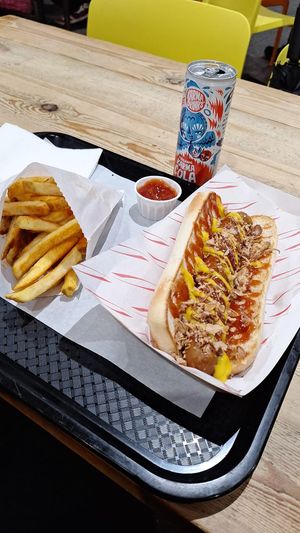 V frank hot dog and fries at Fat Annie's in Leeds