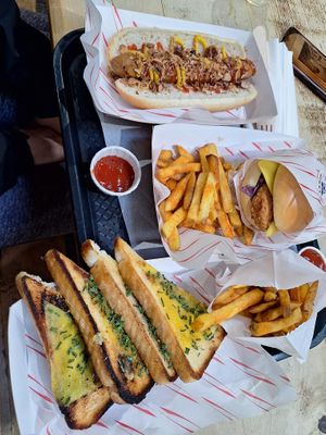 V frank dog, vegan chicken and texas toast at Fat Annie's in Leeds