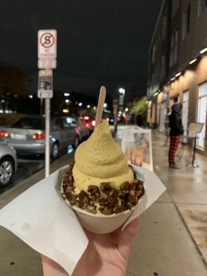 Vegan pumpkin soft serve w pecan praline topping at Cold Truth in Detroit
