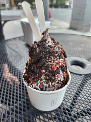 Chocolate soft serve sundae w oreo and rainbow sprinkles. at Cold Truth in Detroit