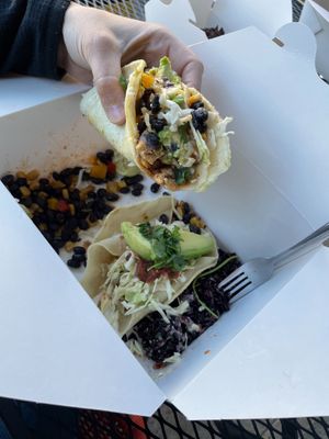 6/23/21 vegan tempeh tacos overflowing with goodness! Sides were coconut purple rice and bean & corn salad.  at Astoria Coffeehouse & Bistro in Astoria