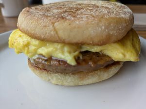 Vegan sausage and egg breakfast sandwich at Astoria Coffeehouse & Bistro in Astoria