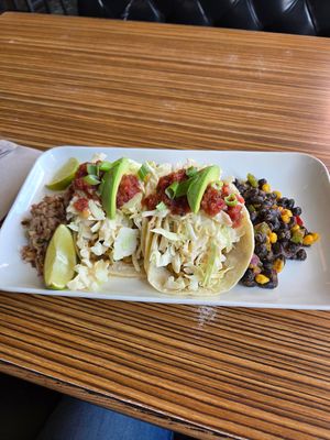 Tempeh vegan tacos with black bean salad and purple rice at Astoria Coffeehouse & Bistro in Astoria