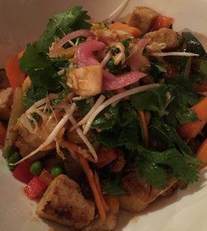 Beet salad, fried spinach arugula salad and spring vegetable/fried tempeh at Salvation Café at Salvation Cafe in Newport