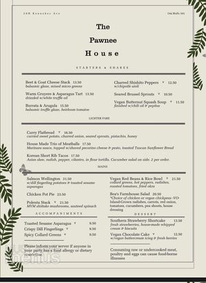 Menu, “v” is vegan at The Pawnee House in Oak Bluffs