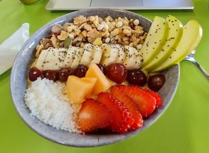 Tropical smoothie bowl - not labelled but vegan and gf by default at The Harvest Press in Darwin