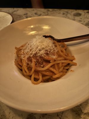 Bucatini. Noodles were perfectly cooked, great sauce.  at Soda Club in New York City