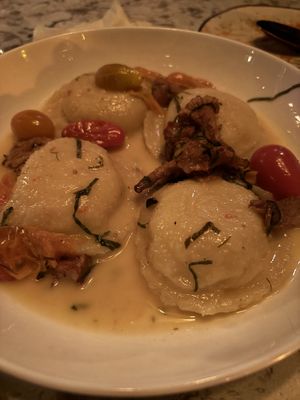 These ravioli with a lemony almond ricotta were a hit with me more than they were for my partner.   at Soda Club in New York City