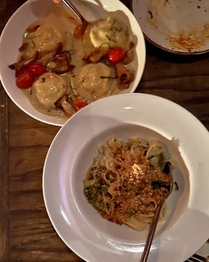 Ravioli with chanterelles, tagliatelle with broccoli rabe  at Soda Club in New York City