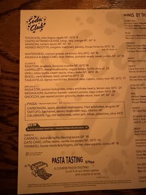 Menu  at Soda Club in New York City