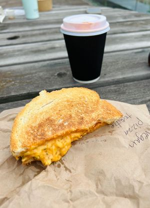 Vg pizza toastie, buffalo cauliflower soup  at Preacher's Patisserie in Edinburgh