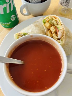 Spicy tomato soup and vg chicken salad wrap  at Preacher's Patisserie in Edinburgh