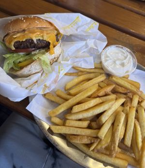 rebel burger with fries and vegan mayonnaisee  at Rebel Room in Berlin