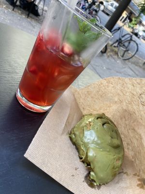 Ice tea and matcha bun  at Calm Coffee in Berlin