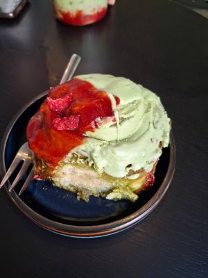 Matcha Strawberry Roll (tasty but very sweet 😁) at Calm Coffee in Berlin