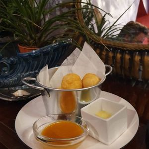 Caribravas, croquetas de yuca con dos salsas picantes  at Dinamita Perfumada in Madrid