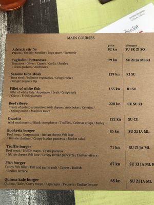 Menu  at Bookeria in Rovinj