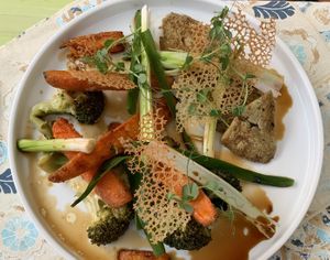 Seitan steak and grilled veggies at Bookeria in Rovinj