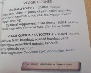 Menu at Bookeria in Rovinj