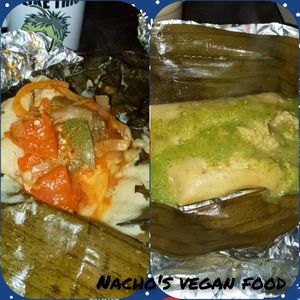 try our delicious Mexican style tamales wrap in banana leaves. we have red sauce, green sauce and rajas (green jalapeños)🤠 at Nacho's Vegan Food in San Bernardino