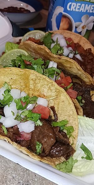 Taco trio 😋  Asada chicken and chicharron. at Nacho's Vegan Food in San Bernardino