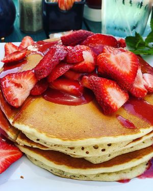 Strawberry banana pancakes  at Sweet Basil's Cafe in Livingston