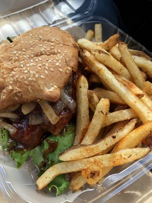 BBQ “Fried Chicken” Sandwich with seasoned fries   at Sweet Basil's Cafe in Livingston