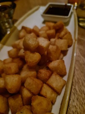 Cassava popcorn:
crispy popcorn style colombian cassava w/ adobo seasoning and barbequed guava at Temple Brewpub  in Brunswick East