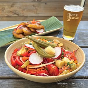 Palm hearts, pickled okra, cherry tomatoes, 3 colored capsicums,
coriander, biquinho pepper, shaved carrots, red & green cabbage w/ citrus
house dressing at Temple Brewpub  in Brunswick East