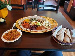 Veggie combo meal (vegan) at Dilla Ethiopian restaurant in Minneapolis