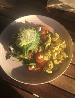 Zucchini fritters and tofu scramble  at Crave Cairns in Cairns