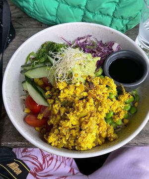 Vegan poke bowl with scrambled tofu  at Crave Cairns in Cairns