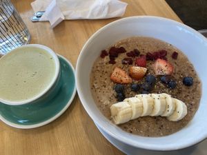 Chai spice oatmeal with matcha oatmilk latte at Claudine in Encino