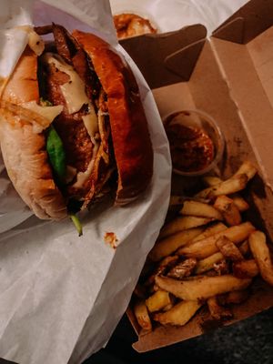 Vegan meatless bacon burger with rosemary chips at Honest Burgers in South East London
