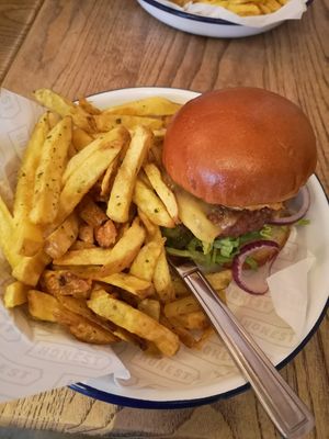 Vegan cheeseburger and fries at Honest Burgers in South East London