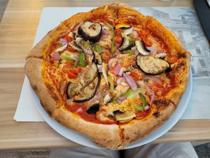 Pizza "Vegan" with vegan cheese added extra at Artisti in Corfu