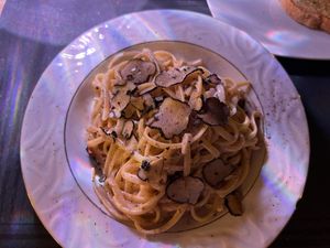 Truffle Linguini - So creamy and delicious! Light truffle flavor and reminded me of a cacio e pepe (that’s a good thing). Highly recommend!!  at Artisti in Corfu