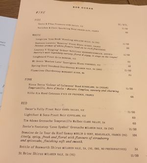 Vegan (VG) wine options at Bob Sugar in Torquay