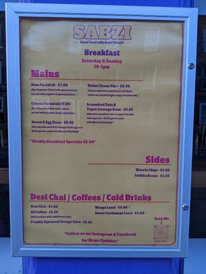 Breakfast menu at Sabzi in Edinburgh