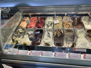 Incredible vegan flavours including salted pistachio, coffee, salted peanut and chocolate, sage and lime, chocolate, pistachio and hazelnut, plus plenty of fruit options!  at Gelateria Cipriani in Pistoia