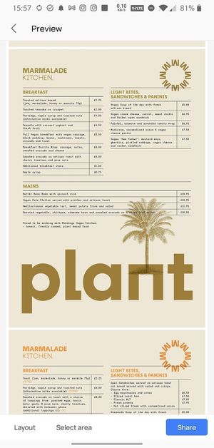 Vegan menu at Marmalade Kitchen in Rhos On Sea